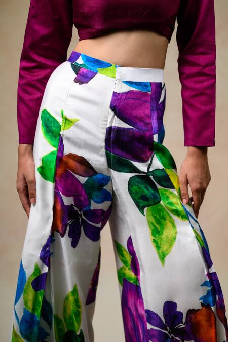 Shop Thetaa Multi Color Silk Round Neck Floral Print Pant With Crop Top Shop_Thetaa_Multi Color Silk Round Neck Floral Print Pant With Crop Top