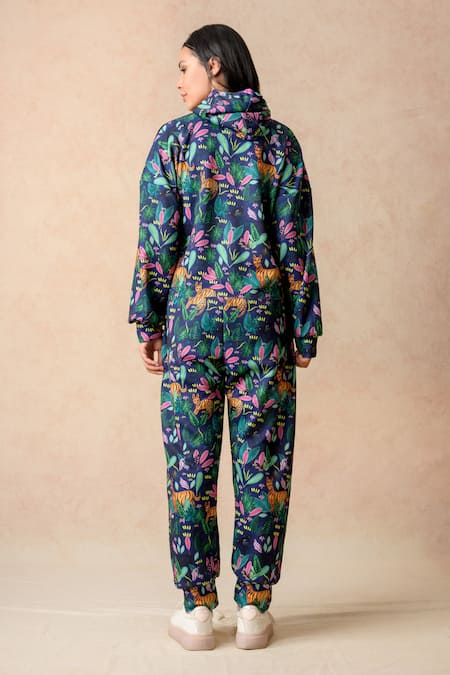 Shop Thetaa Multi Color Satin V-neck Jungle Print Jacket With Joggers at Aza Fashions Shop_Thetaa_Multi Color Satin V-neck Jungle Print Jacket With Joggers _at_Aza_Fashions