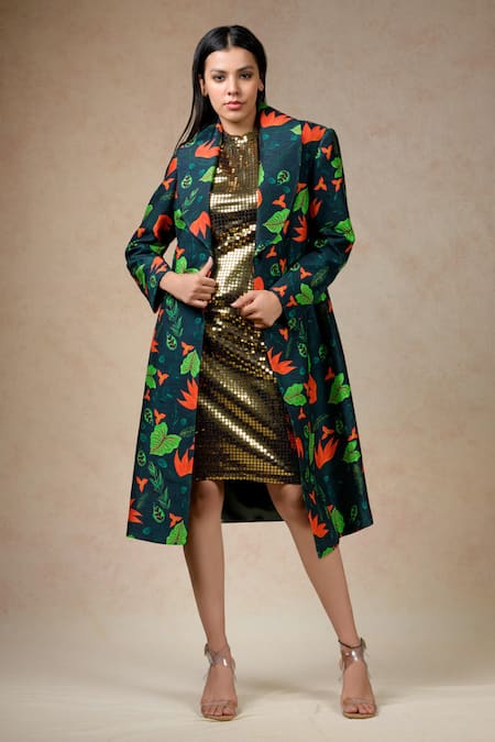 Thetaa Multi Color Cupro Silk Printed Lily Coat Lapel Trench With Bodycon Dress 