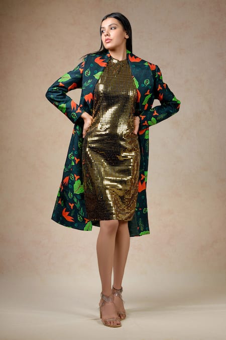 Buy_Thetaa_Multi Color Polyester, Silk Sequins Lily Print Trench Coat With Bodycon Dress_Online_at_Aza_Fashions