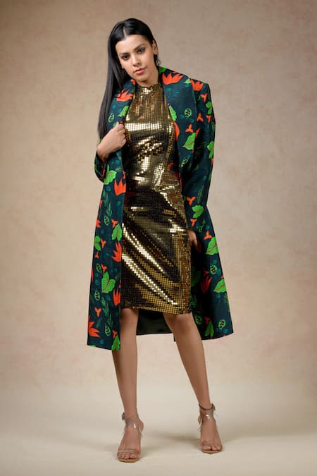 Shop_Thetaa_Multi Color Polyester, Silk Sequins Lily Print Trench Coat With Bodycon Dress_Online_at_Aza_Fashions