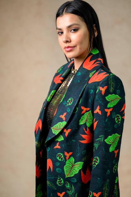 Buy_Thetaa_Multi Color Polyester, Silk Sequins Lily Print Trench Coat With Bodycon Dress