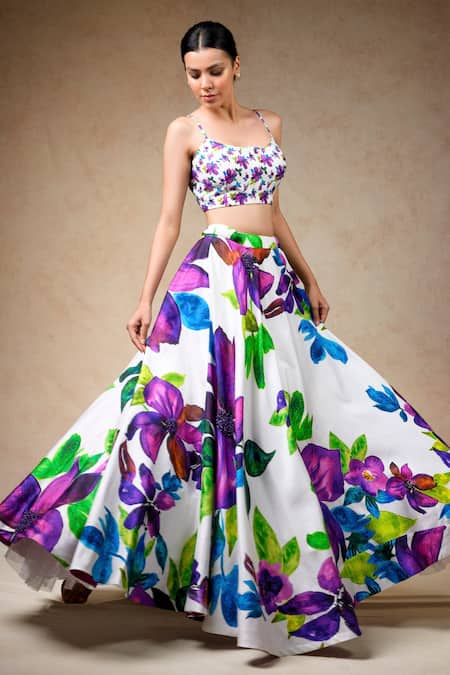 Thetaa_Multi Color Net, Silk Floral Print Lehenga Set With Embellished Cropped Jacket _Online_at_Aza_Fashions