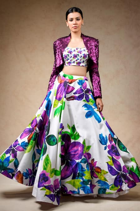 Buy_Thetaa_Multi Color Net, Silk Floral Print Lehenga Set With Embellished Cropped Jacket _Online_at_Aza_Fashions