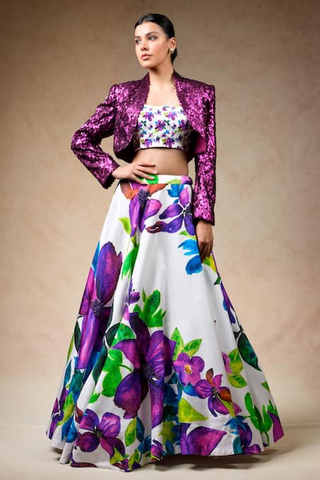 Shop_Thetaa_Multi Color Net, Silk Floral Print Lehenga Set With Embellished Cropped Jacket _Online_at_Aza_Fashions