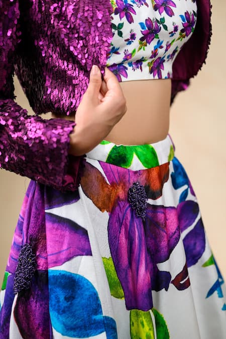Thetaa_Multi Color Net, Silk Floral Print Lehenga Set With Embellished Cropped Jacket _at_Aza_Fashions