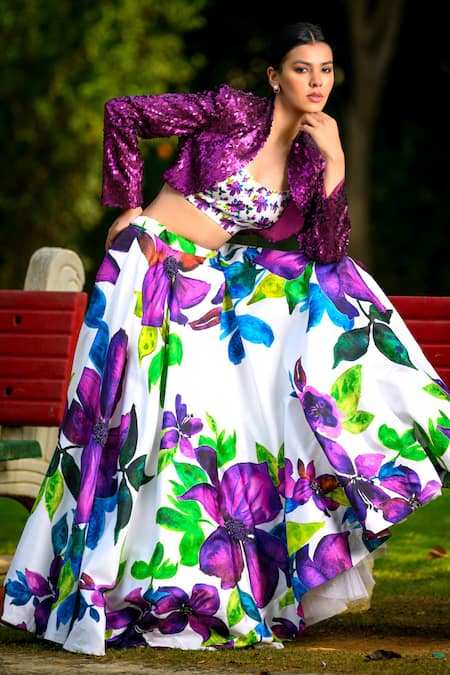 Buy_Thetaa_Multi Color Net, Silk Floral Print Lehenga Set With Embellished Cropped Jacket 