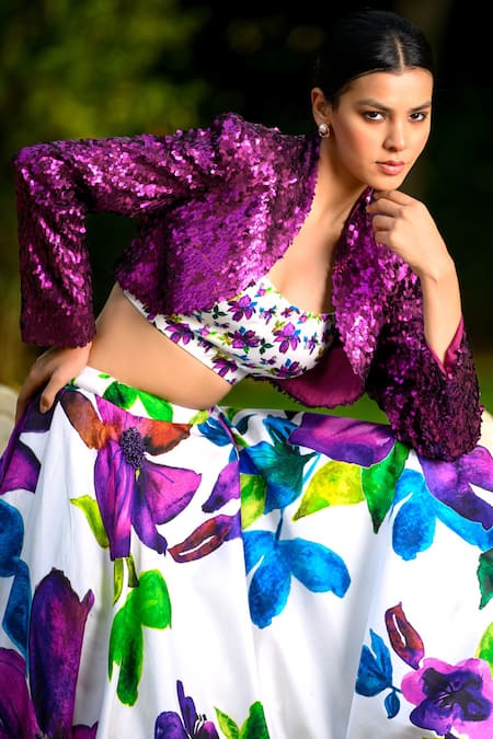 Shop_Thetaa_Multi Color Net, Silk Floral Print Lehenga Set With Embellished Cropped Jacket 