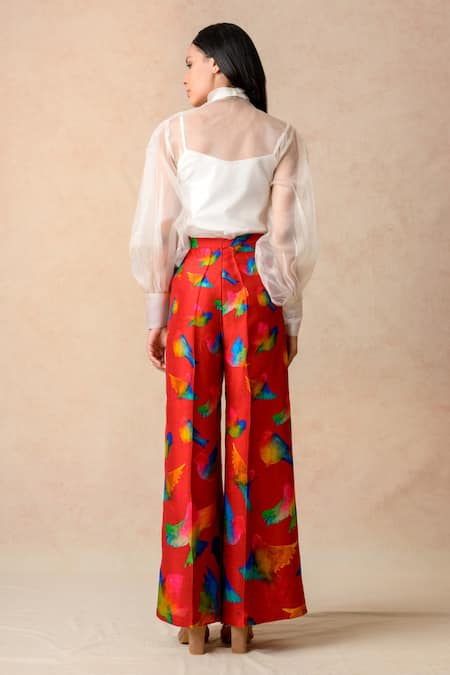 Thetaa Abstract Bird Print Pant With Sheer Top 