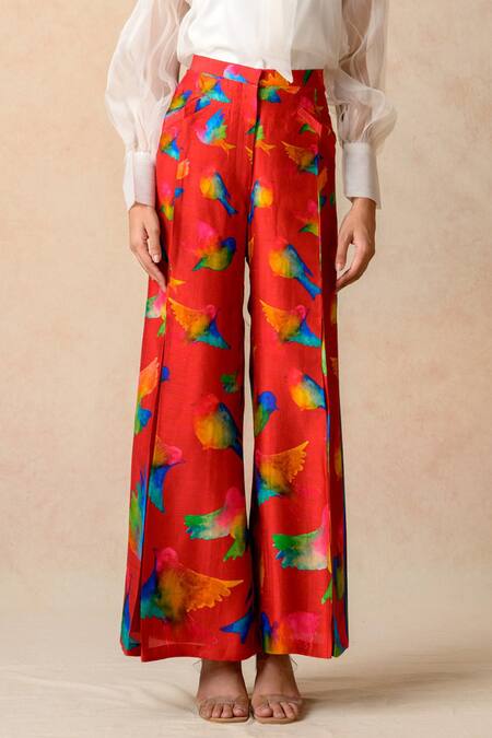 Thetaa Multi Color Cotton, Silk, Organza Round Abstract Bird Print Pant With Sheer Top Online at Aza Fashions Thetaa_Multi Color Cotton, Silk, Organza Round Abstract Bird Print Pant With Sheer Top _Online_at_Aza_Fashions