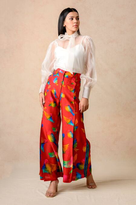 Shop Thetaa Multi Color Cotton, Silk, Organza Round Abstract Bird Print Pant With Sheer Top Online at Aza Fashions Shop_Thetaa_Multi Color Cotton, Silk, Organza Round Abstract Bird Print Pant With Sheer Top _Online_at_Aza_Fashions