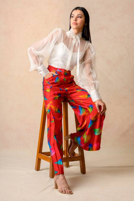 Thetaa Multi Color Cotton, Silk, Organza Round Abstract Bird Print Pant With Sheer Top at Aza Fashions Thetaa_Multi Color Cotton, Silk, Organza Round Abstract Bird Print Pant With Sheer Top _at_Aza_Fashions