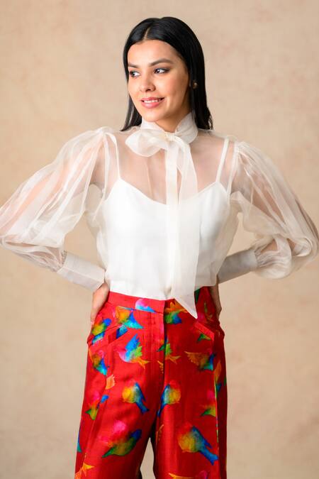 Buy Thetaa Multi Color Cotton, Silk, Organza Round Abstract Bird Print Pant With Sheer Top Buy_Thetaa_Multi Color Cotton, Silk, Organza Round Abstract Bird Print Pant With Sheer Top
