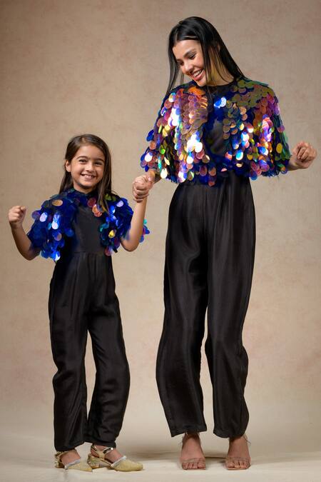 Thetaa_Multi Color Cotton, Net, Silk, Satin Sequins Embellished Cape With Jumpsuit _Online_at_Aza_Fashions