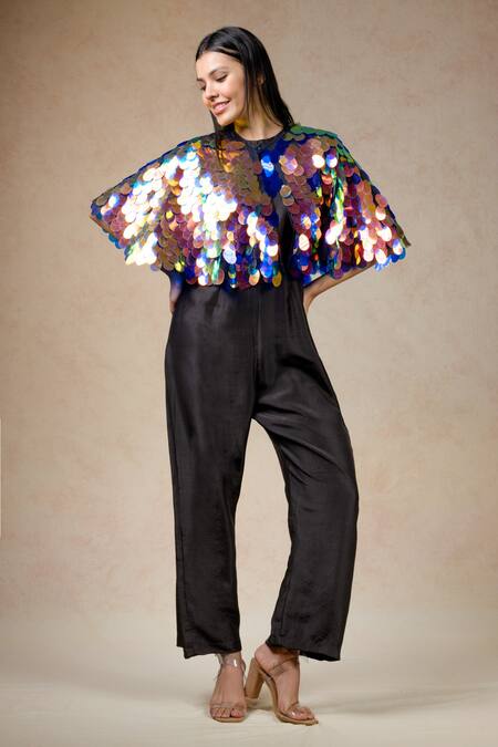 Buy_Thetaa_Multi Color Cotton, Net, Silk, Satin Sequins Embellished Cape With Jumpsuit _Online_at_Aza_Fashions