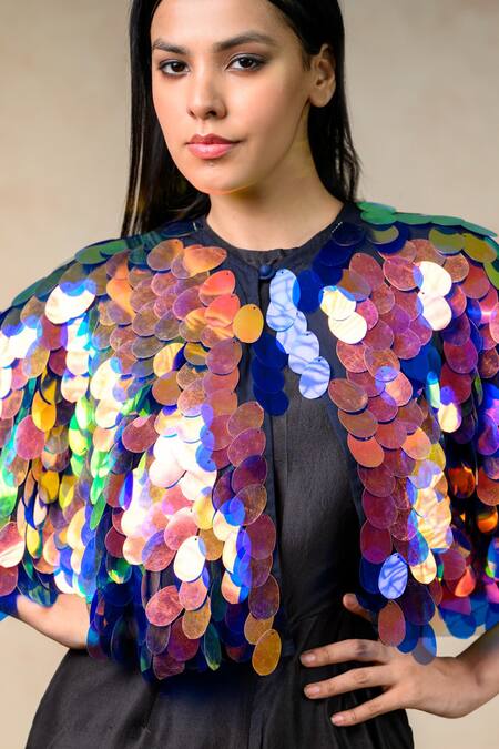 Buy_Thetaa_Multi Color Cotton, Net, Silk, Satin Sequins Embellished Cape With Jumpsuit 