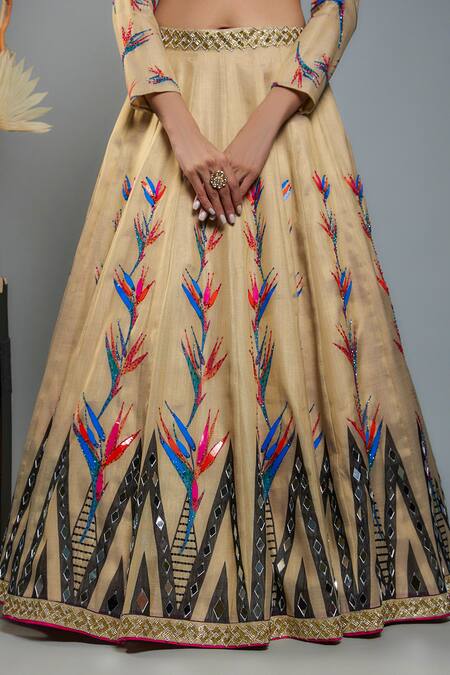 Anita Kanwal_Gold Tissue, Georgette Sequins, Birds Of Paradise Hand Embroidered Lehenga Set_Online_at_Aza_Fashions