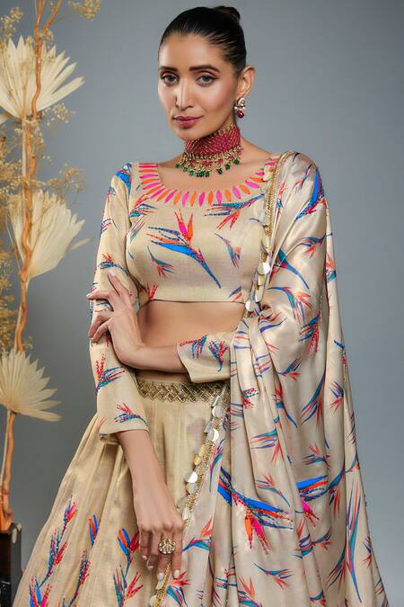 Buy_Anita Kanwal_Gold Tissue, Georgette Sequins, Birds Of Paradise Hand Embroidered Lehenga Set_Online_at_Aza_Fashions