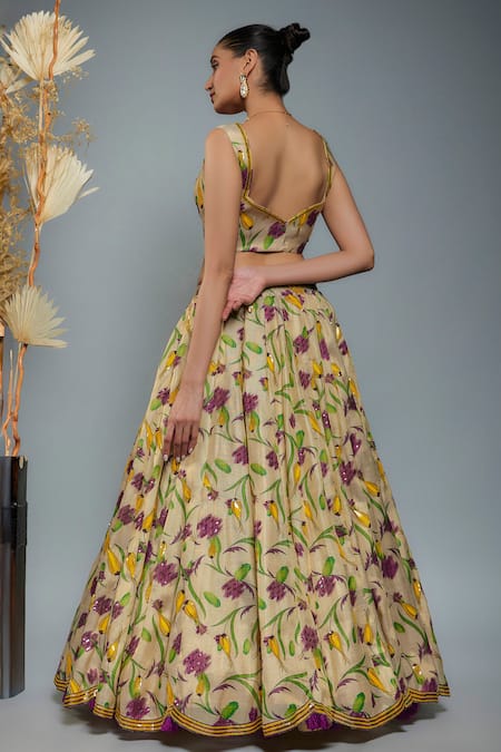 Shop_Anita Kanwal_Gold Tissue, Georgette Sequins Sweetheart Tulip Digital Print Blouse Lehenga Set _at_Aza_Fashions