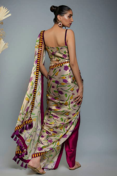 Shop Anita Kanwal Gold Shimmer Georgette Printed Floral Leaf Neck Tulip Draped Dhoti Saree Set at Aza Fashions Shop_Anita Kanwal_Gold Shimmer Georgette Printed Floral Leaf Neck Tulip Draped Dhoti Saree Set _at_Aza_Fashions