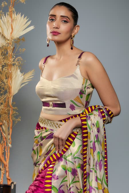 Anita Kanwal Gold Shimmer Georgette Printed Floral Leaf Neck Tulip Draped Dhoti Saree Set Online at Aza Fashions Anita Kanwal_Gold Shimmer Georgette Printed Floral Leaf Neck Tulip Draped Dhoti Saree Set _Online_at_Aza_Fashions