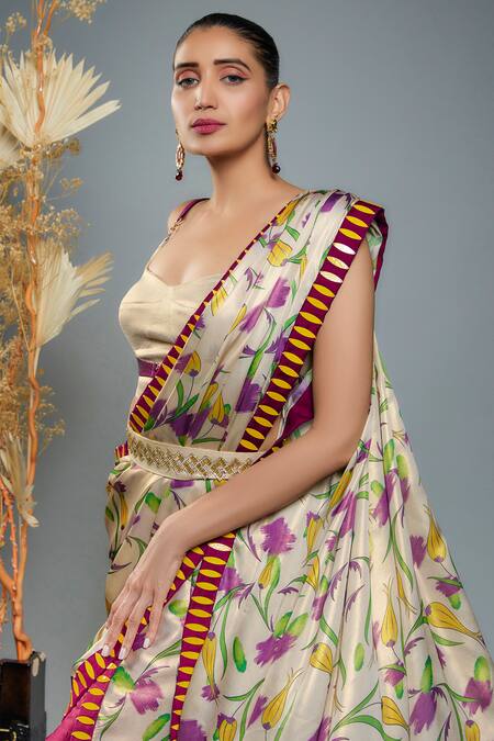 Buy Anita Kanwal Gold Shimmer Georgette Printed Floral Leaf Neck Tulip Draped Dhoti Saree Set Online at Aza Fashions Buy_Anita Kanwal_Gold Shimmer Georgette Printed Floral Leaf Neck Tulip Draped Dhoti Saree Set _Online_at_Aza_Fashions