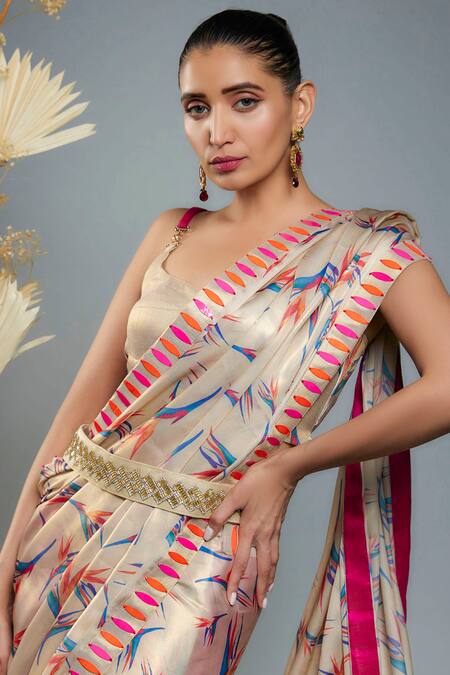 Anita Kanwal_Gold Georgette, Satin Sequins, Bird Of Paradise Printed Draped Dhoti Saree Set_Online_at_Aza_Fashions