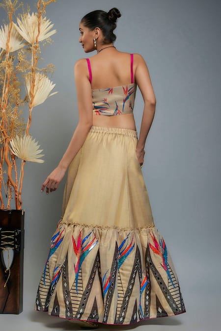 Shop_Anita Kanwal_Gold Tissue Sequins, Cut Work Digital Print Bralette And Ruched Skirt Set _at_Aza_Fashions