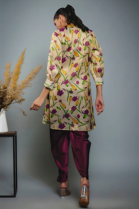 Shop Anita Kanwal Gold Kurta Tissue Hand Embroidered Tulip Digital Print And Dhoti Pant Set at Aza Fashions Shop_Anita Kanwal_Gold Kurta Tissue Hand Embroidered Tulip Digital Print And Dhoti Pant Set _at_Aza_Fashions