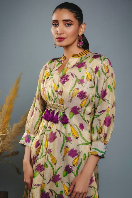 Buy Anita Kanwal Gold Kurta Tissue Hand Embroidered Tulip Digital Print And Dhoti Pant Set Online at Aza Fashions Buy_Anita Kanwal_Gold Kurta Tissue Hand Embroidered Tulip Digital Print And Dhoti Pant Set _Online_at_Aza_Fashions