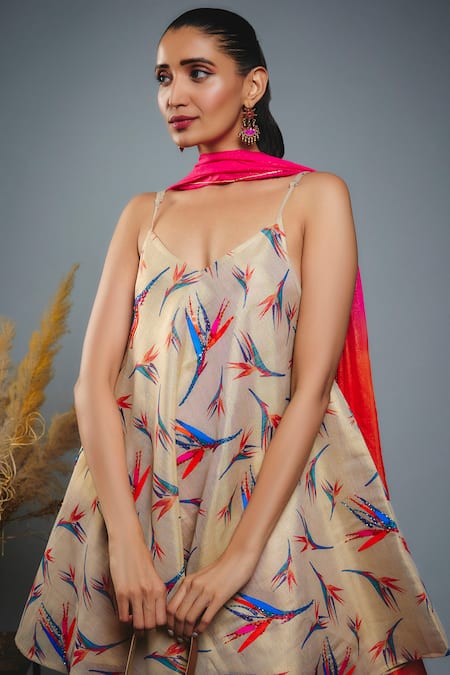 Buy_Anita Kanwal_Gold Tissue Embroidered Cutdana Birds Of Paradise Printed Kurta And Dhoti Pant Set _Online_at_Aza_Fashions