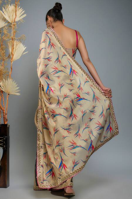 Shop Anita Kanwal Gold Tissue Cut Work, Sequins Birds Of Paradise Printed And Saree Set at Aza Fashions Shop_Anita Kanwal_Gold Tissue Cut Work, Sequins Birds Of Paradise Printed And Saree Set_at_Aza_Fashions