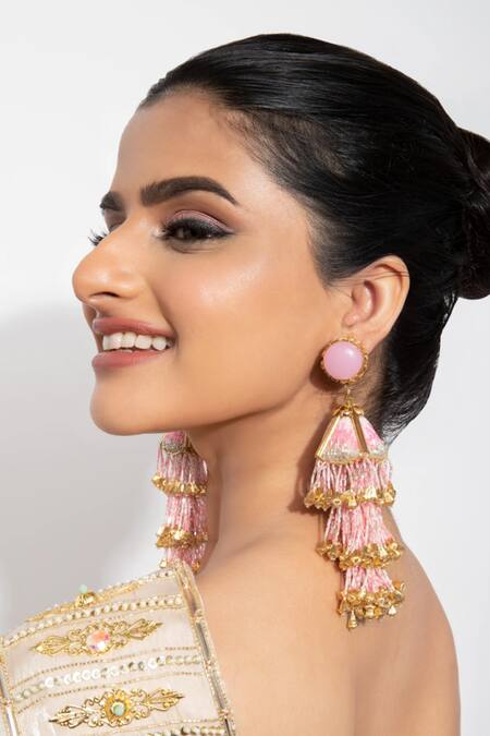 Papa Don't Preach Accessories Pink Glass Beads, Metal, Cabochon Stone Embellished Jhumkas