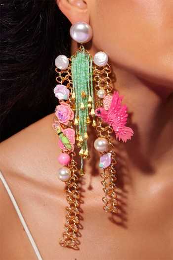 Buy Papa Don't Preach Accessories Multi Color Chain, Glass Bead, Swarovski Pearl Mawhiti Embroidered Danglers at Aza Fashions Buy_Papa Don't Preach Accessories_Multi Color Chain, Glass Bead, Swarovski Pearl Mawhiti Embroidered Danglers_at_Aza_Fashions