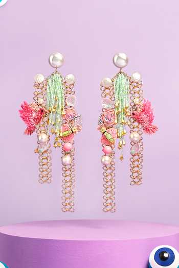 Shop Papa Don't Preach Accessories Multi Color Chain, Glass Bead, Swarovski Pearl Mawhiti Embroidered Danglers at Aza Fashions Shop_Papa Don't Preach Accessories_Multi Color Chain, Glass Bead, Swarovski Pearl Mawhiti Embroidered Danglers_at_Aza_Fashions