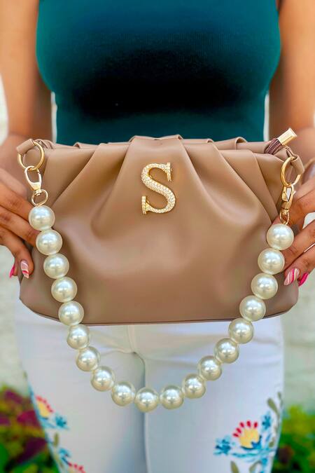 PRERTO Brown Stone Studded Personalized Alphabeto Ruched Bag Online at Aza Fashions PRERTO_Brown Stone Studded Personalized Alphabeto Ruched Bag _Online_at_Aza_Fashions