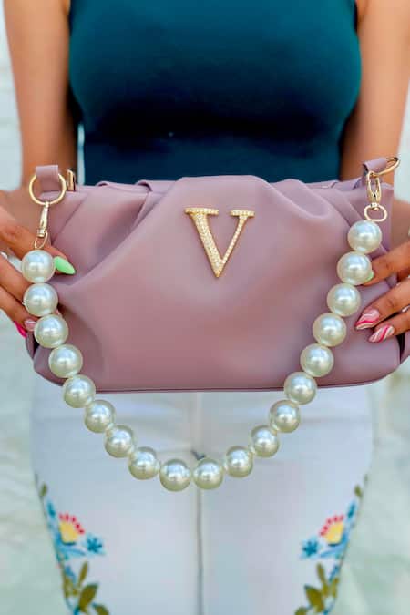 PRERTO Purple Stone Studded Personalized Alphabeto Ruched Plain Bag