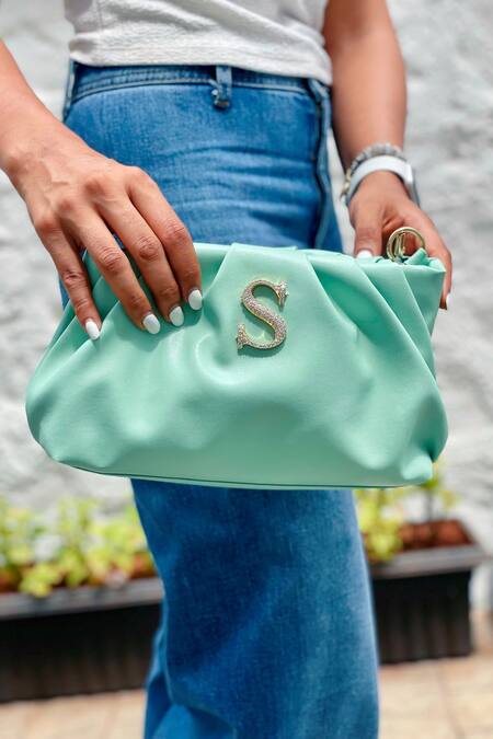 Shop PRERTO Green Stone Studded Personalized Alphabeto Solid Bag at Aza Fashions Shop_PRERTO_Green Stone Studded Personalized Alphabeto Solid Bag _at_Aza_Fashions