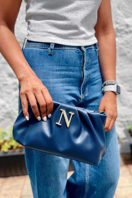 Shop PRERTO Blue Stone Studded Personalized Alphabeto Plain Bag at Aza Fashions Shop_PRERTO_Blue Stone Studded Personalized Alphabeto Plain Bag _at_Aza_Fashions