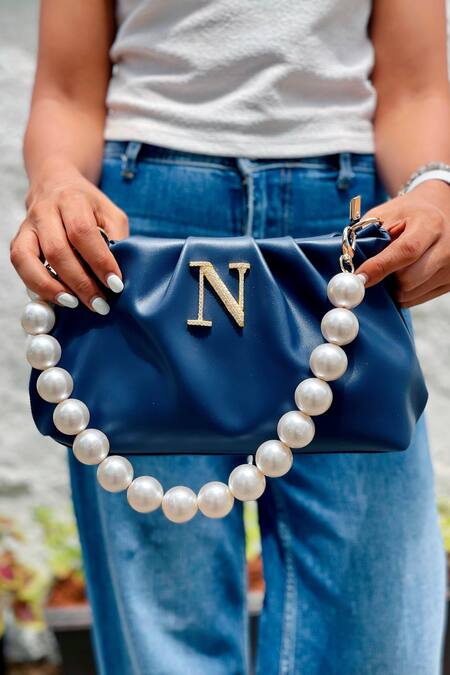 PRERTO Blue Stone Studded Personalized Alphabeto Plain Bag Online at Aza Fashions PRERTO_Blue Stone Studded Personalized Alphabeto Plain Bag _Online_at_Aza_Fashions