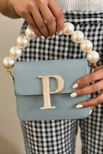 Shop PRERTO Blue Stone Studded Initial Crossbody Bag at Aza Fashions Shop_PRERTO_Blue Stone Studded Initial Crossbody Bag _at_Aza_Fashions
