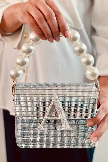 PRERTO Silver Stone And Crystal Embellished Initial Disco Crossbody Bag 