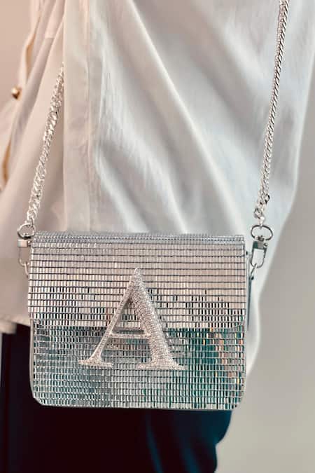 PRERTO Silver Stone And Crystal Embellished Initial Disco Crossbody Bag Online at Aza Fashions PRERTO_Silver Stone And Crystal Embellished Initial Disco Crossbody Bag _Online_at_Aza_Fashions