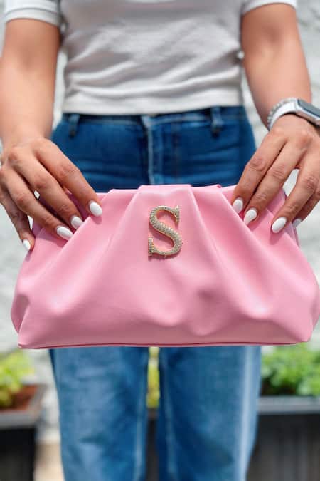 Shop PRERTO Pink Stone Studded Alphabeto Solid Rouched Bag at Aza Fashions Shop_PRERTO_Pink Stone Studded Alphabeto Solid Rouched Bag _at_Aza_Fashions