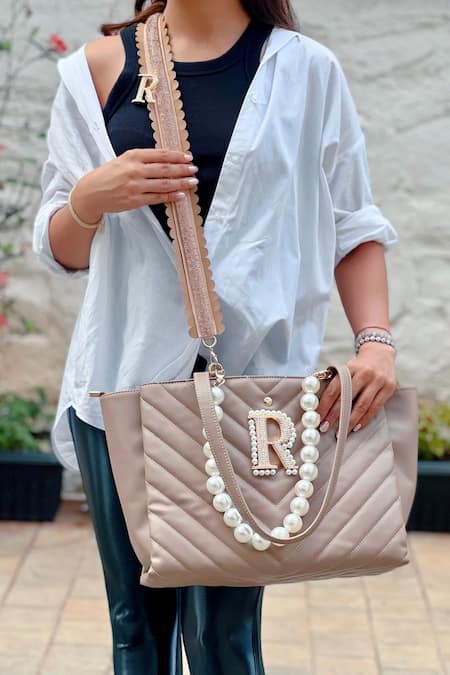Prerto Personalized Quilted Tote Bag With Embellished Strap 