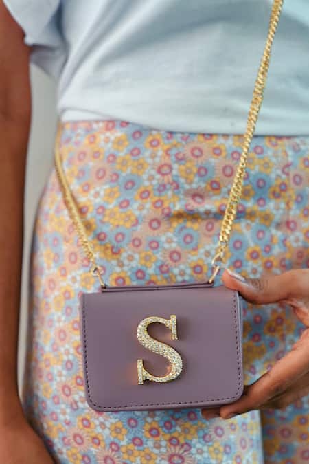 Shop PRERTO Purple Personalised Initial Ornamented Bag at Aza Fashions Shop_PRERTO_Purple Personalised Initial Ornamented Bag _at_Aza_Fashions