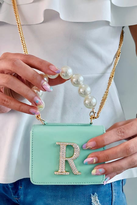 Buy PRERTO Green Initial Ornamented Pearl Work Bag at Aza Fashions Buy_PRERTO_Green Initial Ornamented Pearl Work Bag _at_Aza_Fashions