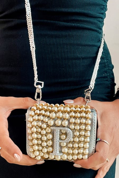Shop PRERTO Silver Alphabet Ornamented Nano Bag With Waist Chain at Aza Fashions Shop_PRERTO_Silver Alphabet Ornamented Nano Bag With Waist Chain _at_Aza_Fashions