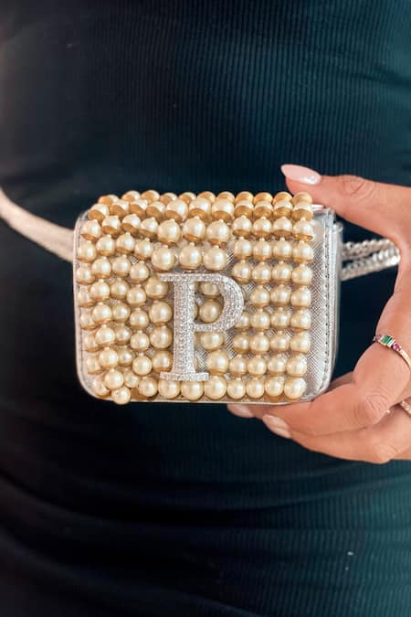 PRERTO Silver Alphabet Ornamented Nano Bag With Waist Chain Online at Aza Fashions PRERTO_Silver Alphabet Ornamented Nano Bag With Waist Chain _Online_at_Aza_Fashions