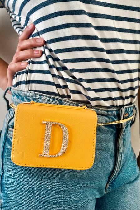 PRERTO_Yellow Sunshine Initial Ornamented Vegan Leather Bag _Online_at_Aza_Fashions